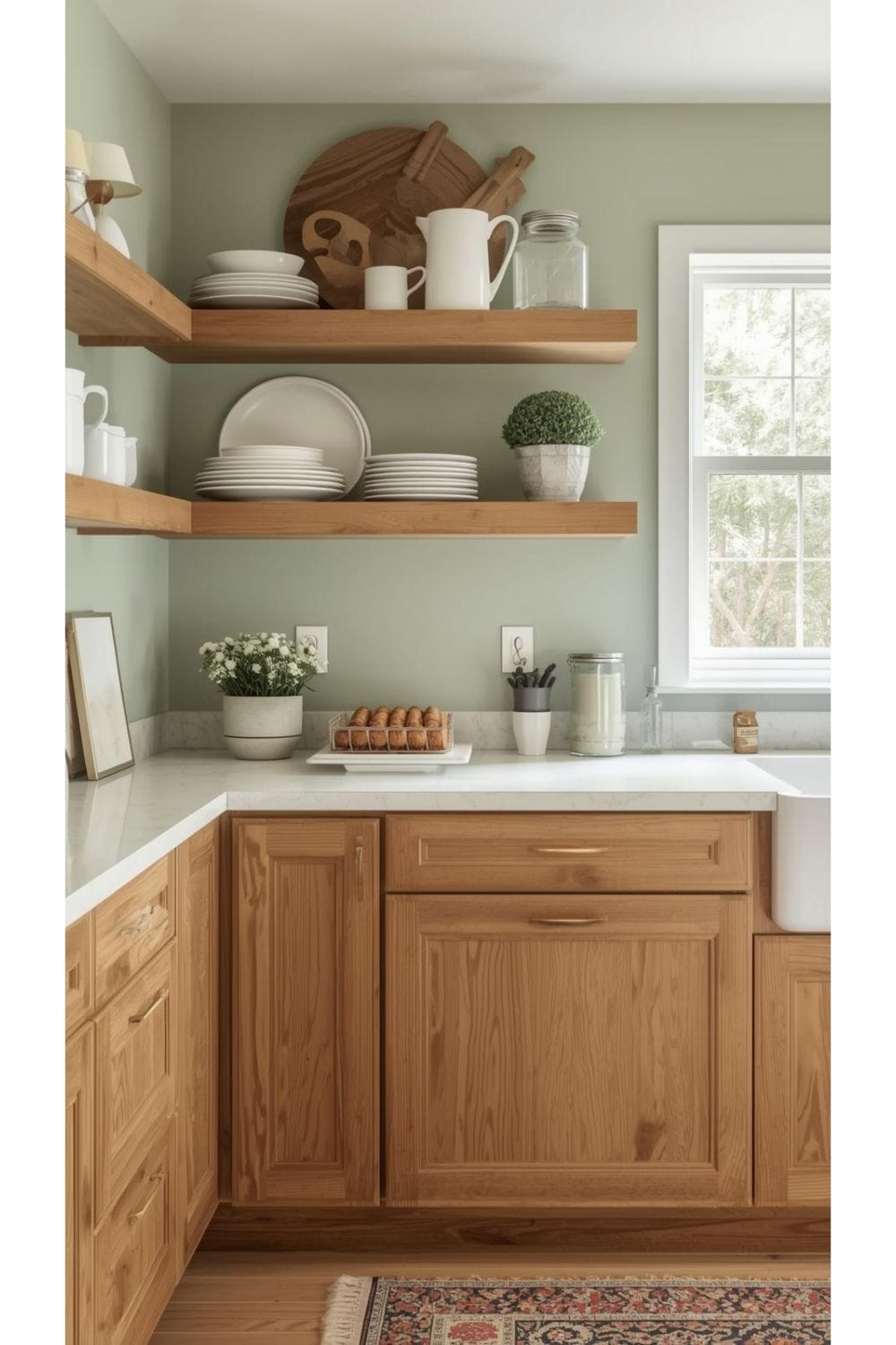 Sage Green Kitchen Walls with Wood Cabinets
