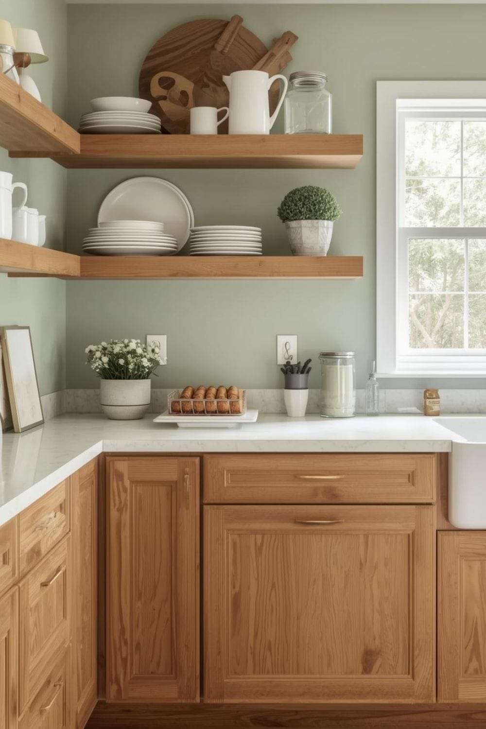 sage green kitchen walls with dark brown cabinets