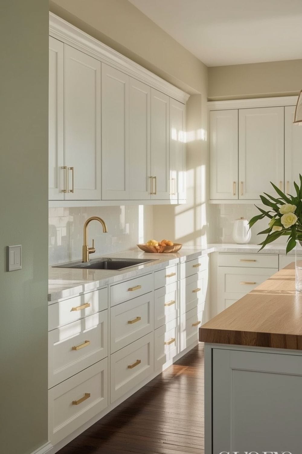 Sage Green Kitchen Walls with Cream Cabinets