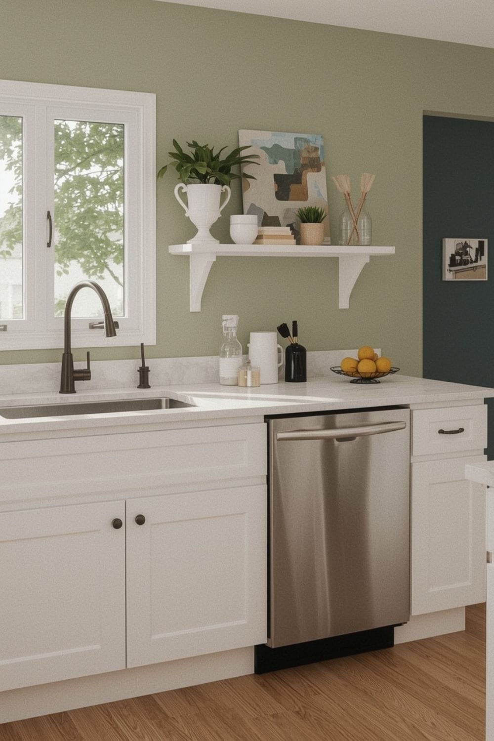 sage green paint With White kitchen cabinets