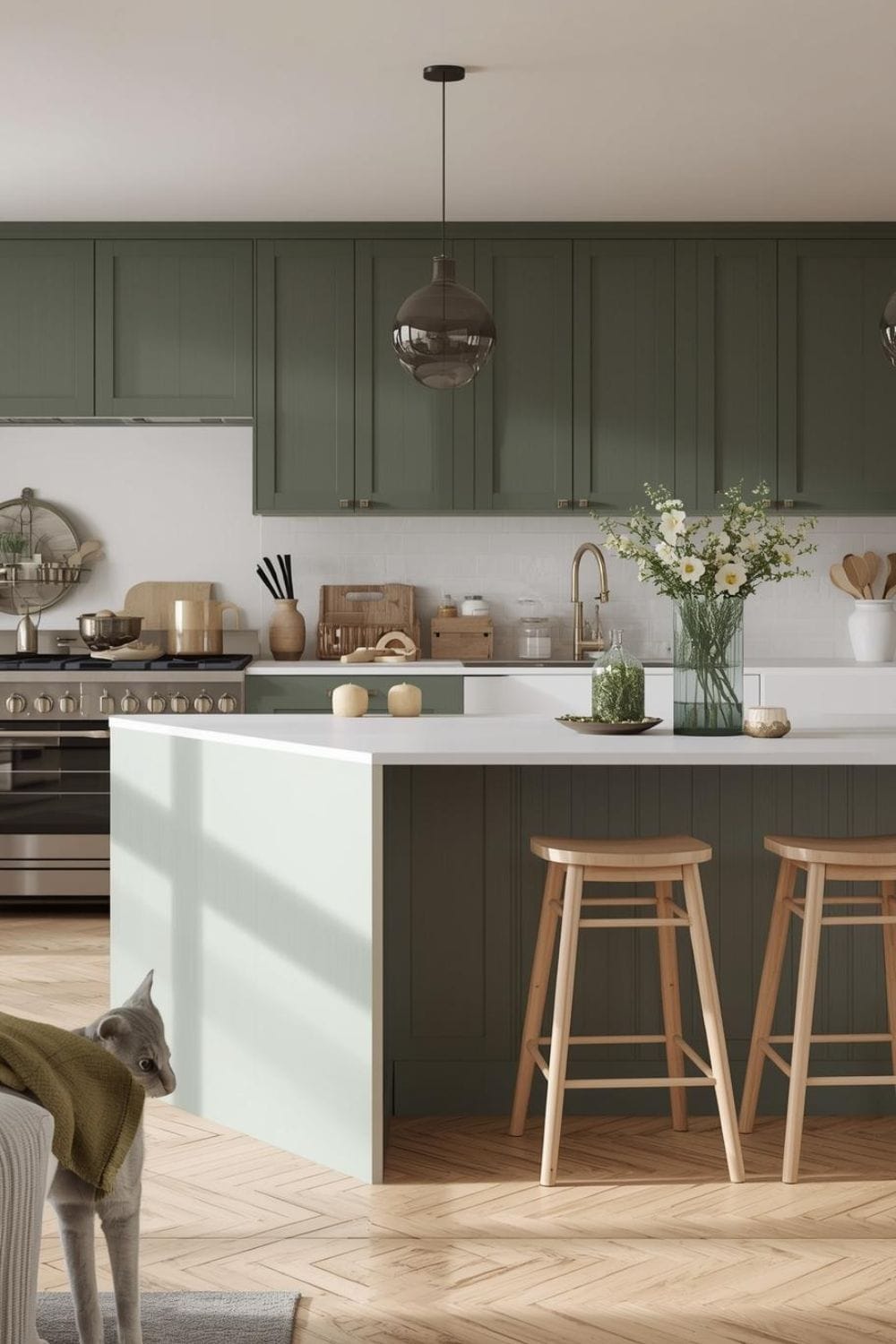 sage green kitchen walls with dark wood cabinets