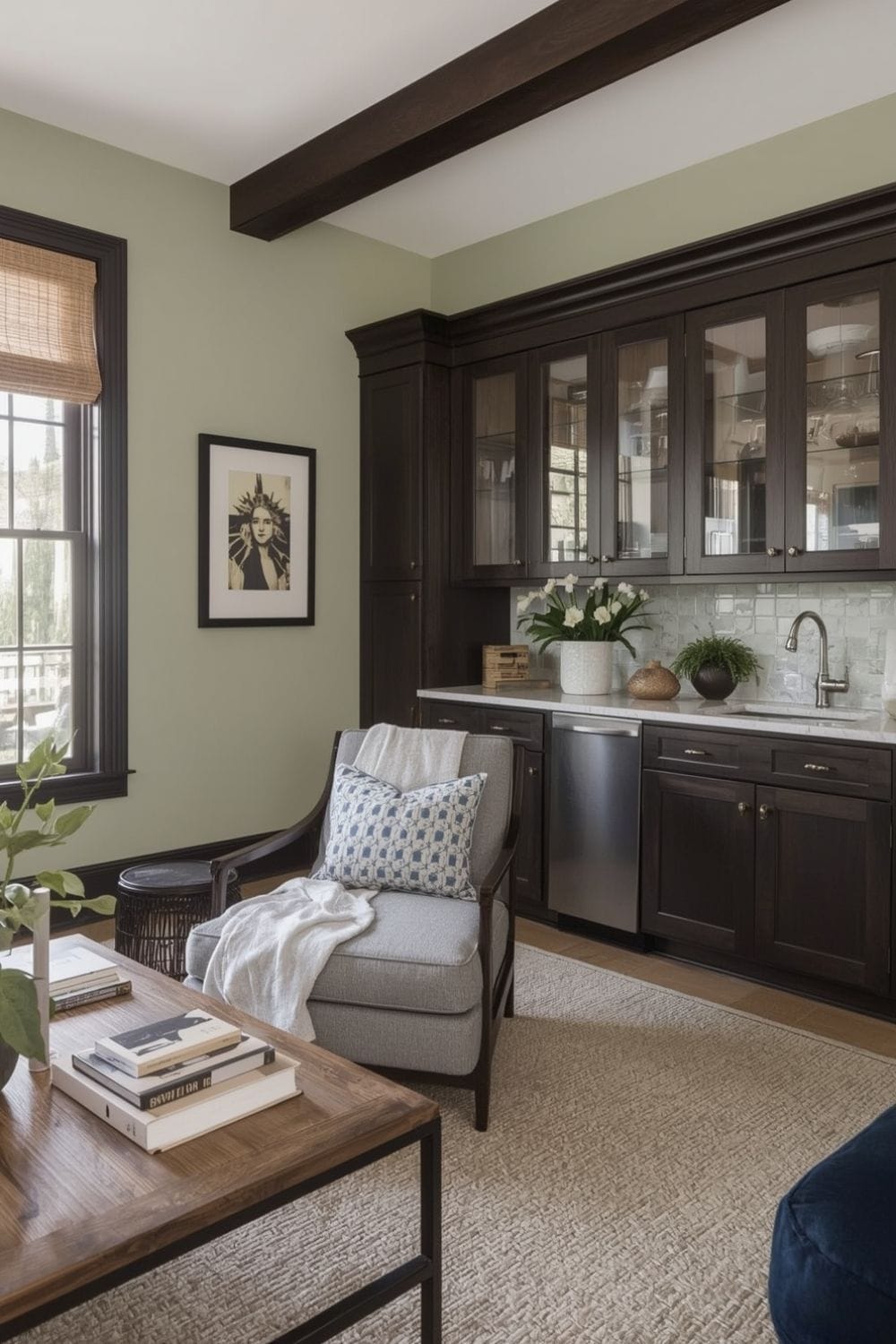 sage green kitchen walls with brown cabinets