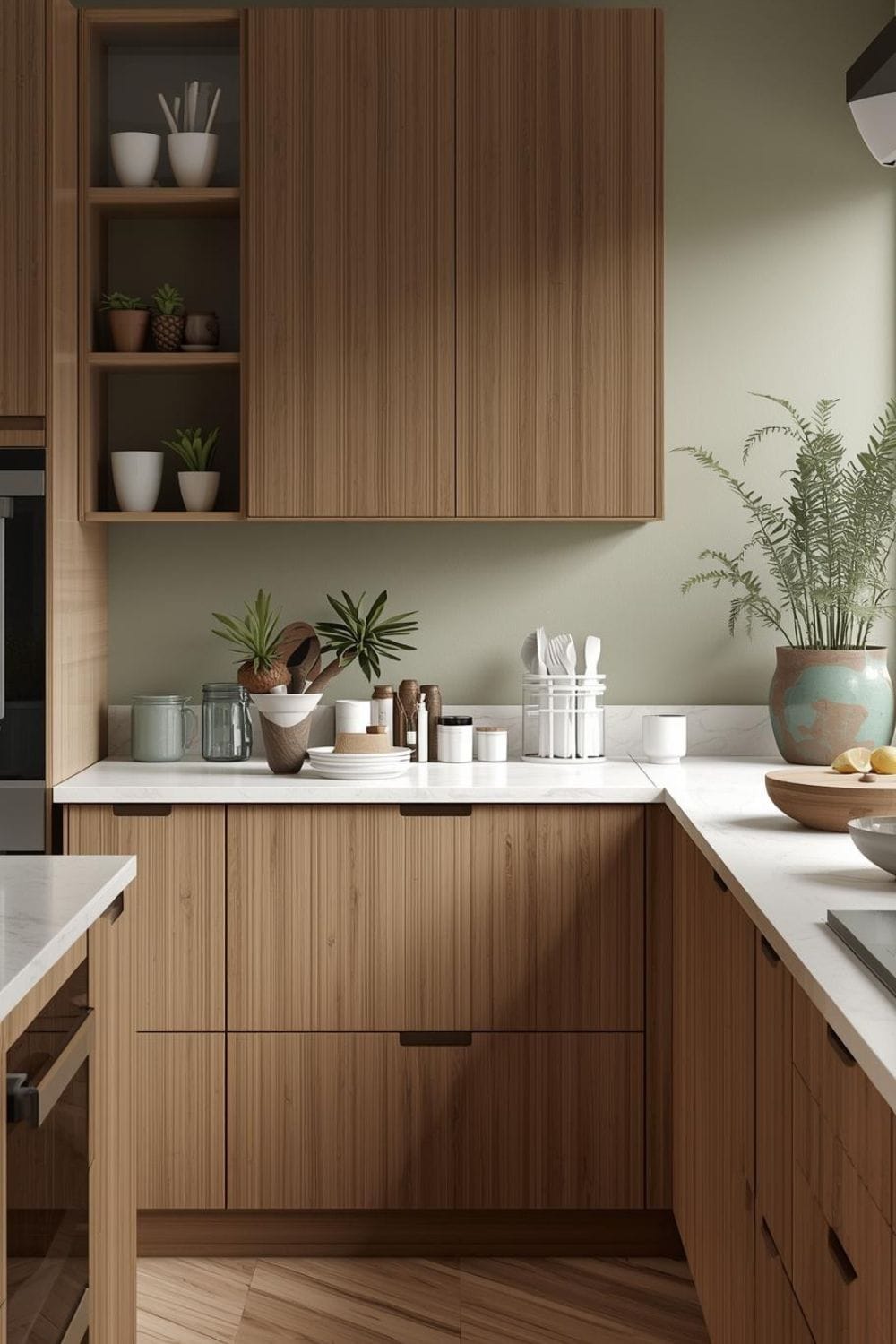 sage green kitchen walls with dark wood cabinets