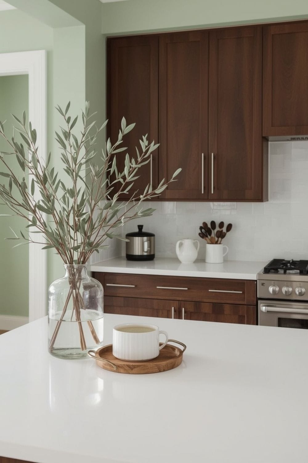 sage green kitchen walls with brown cabinets