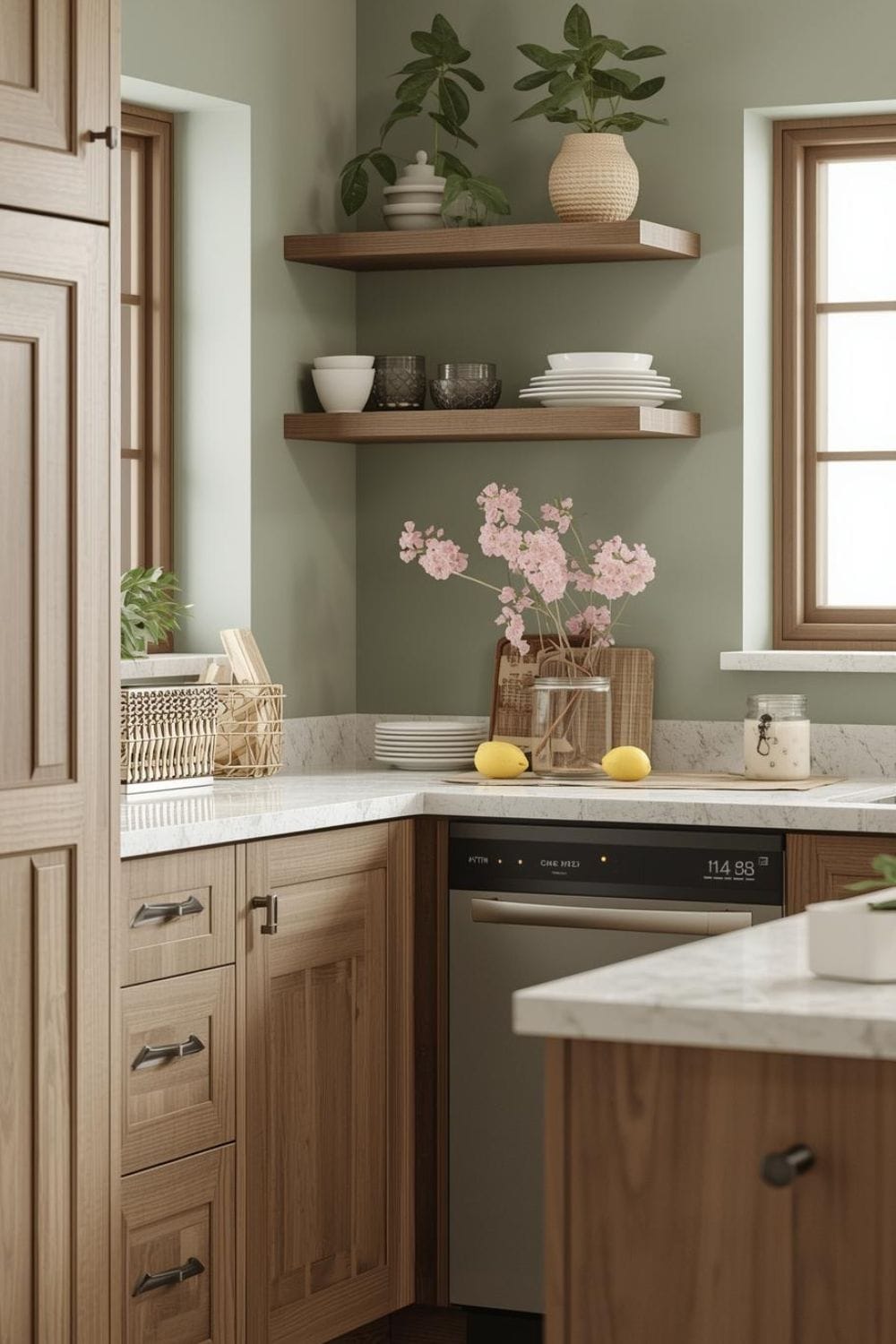 sage green kitchen walls with dark wood cabinets