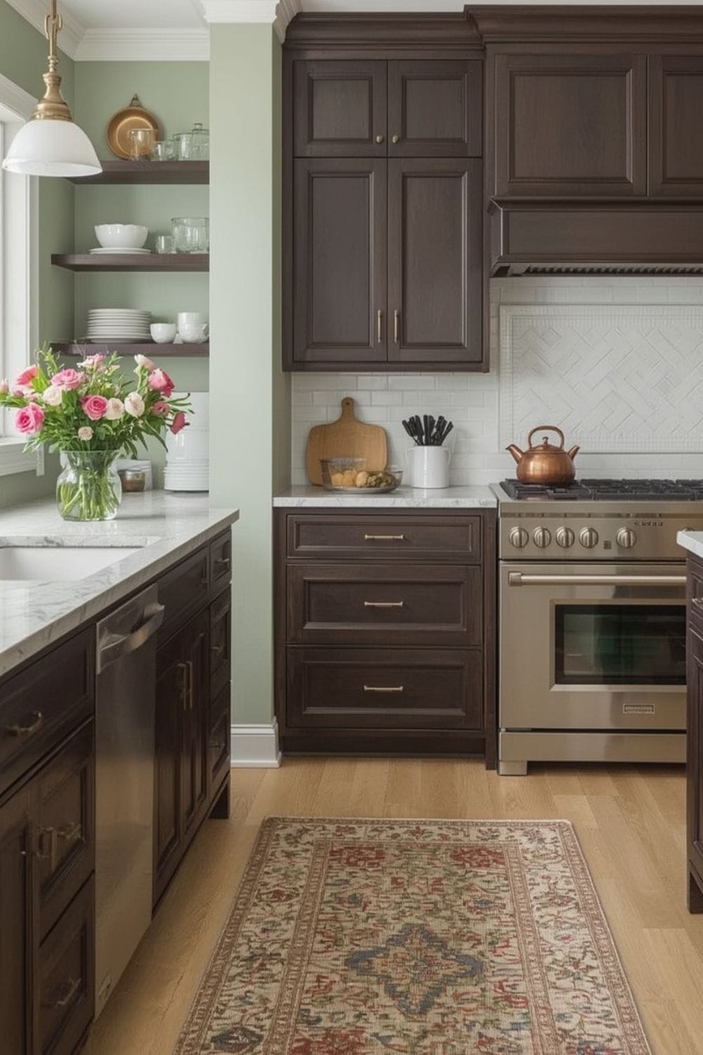 sage green walls with dark brown cabinets,