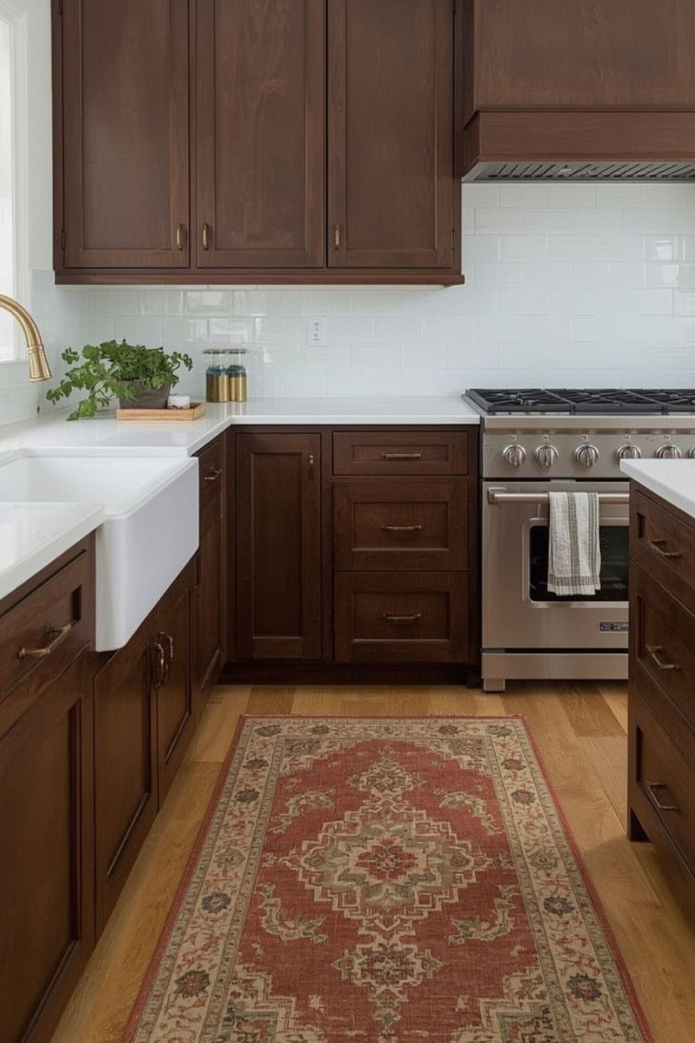 sage green walls with dark brown cabinets,