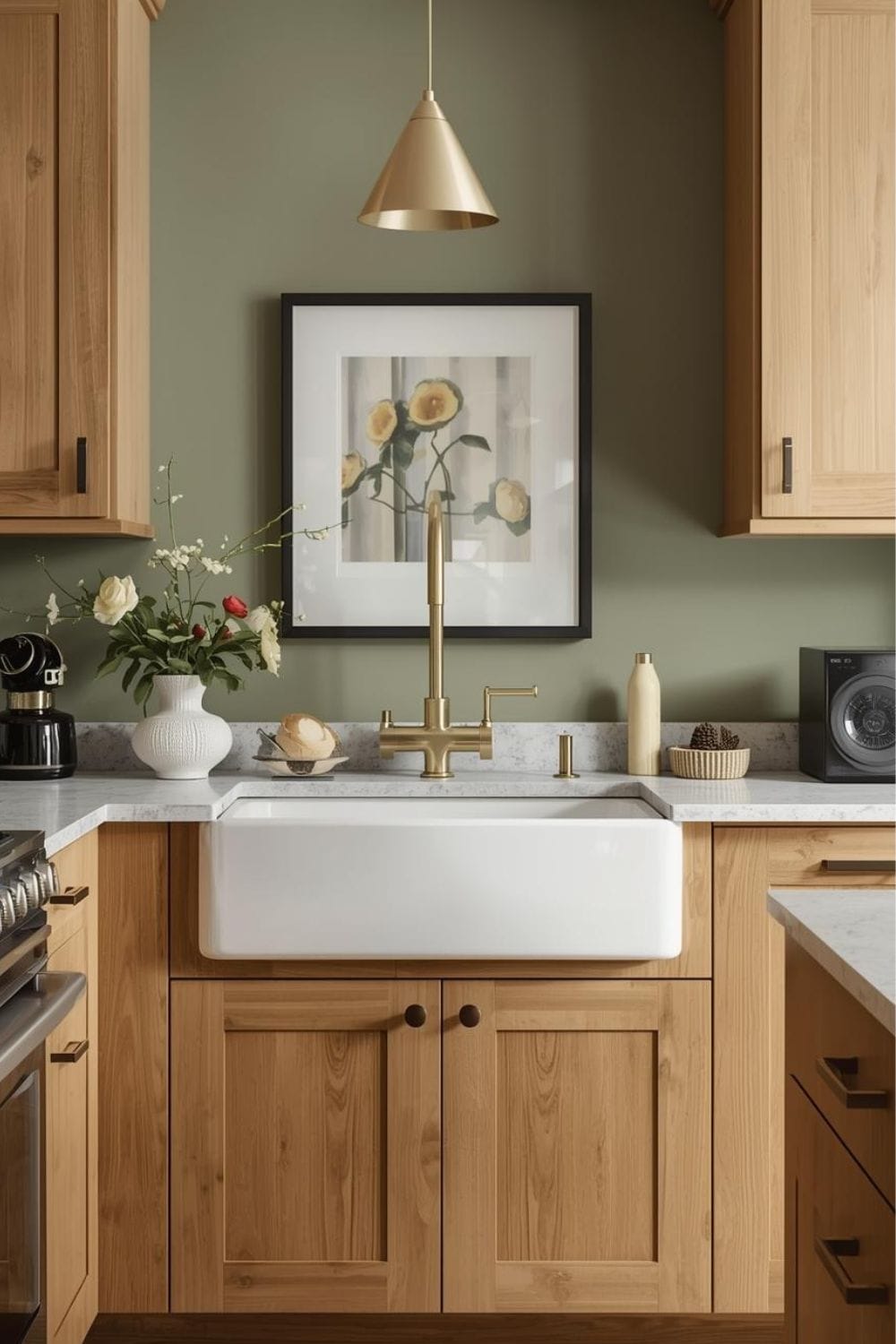 Sage Green Kitchen Walls with Wood Cabinets