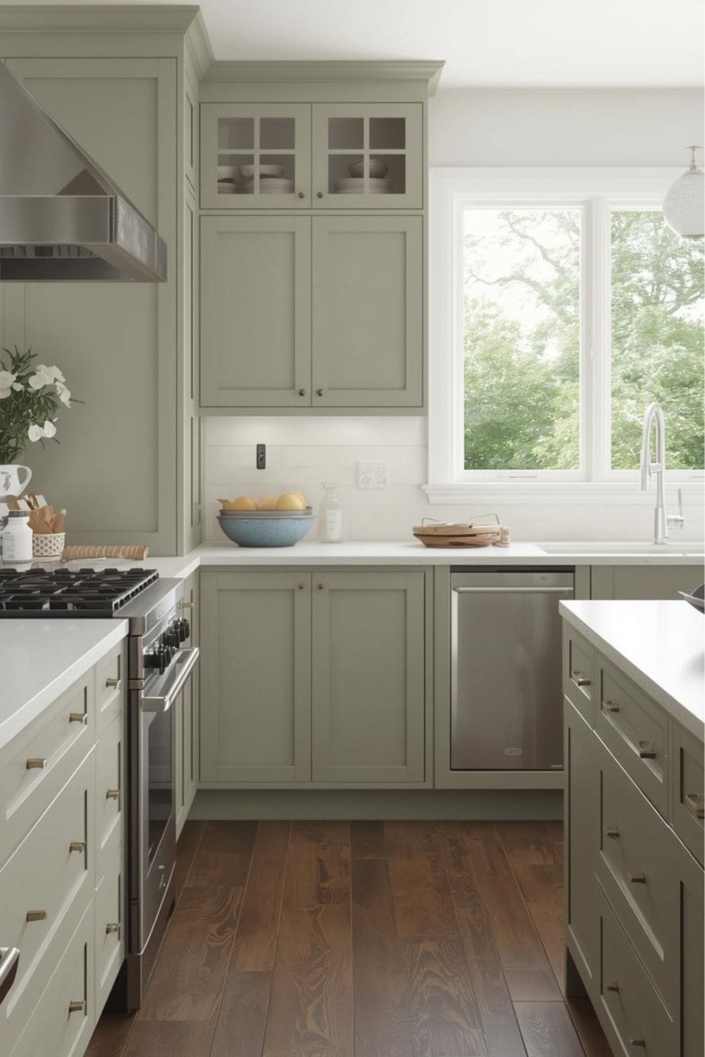 sage green kitchen walls with dark brown cabinets