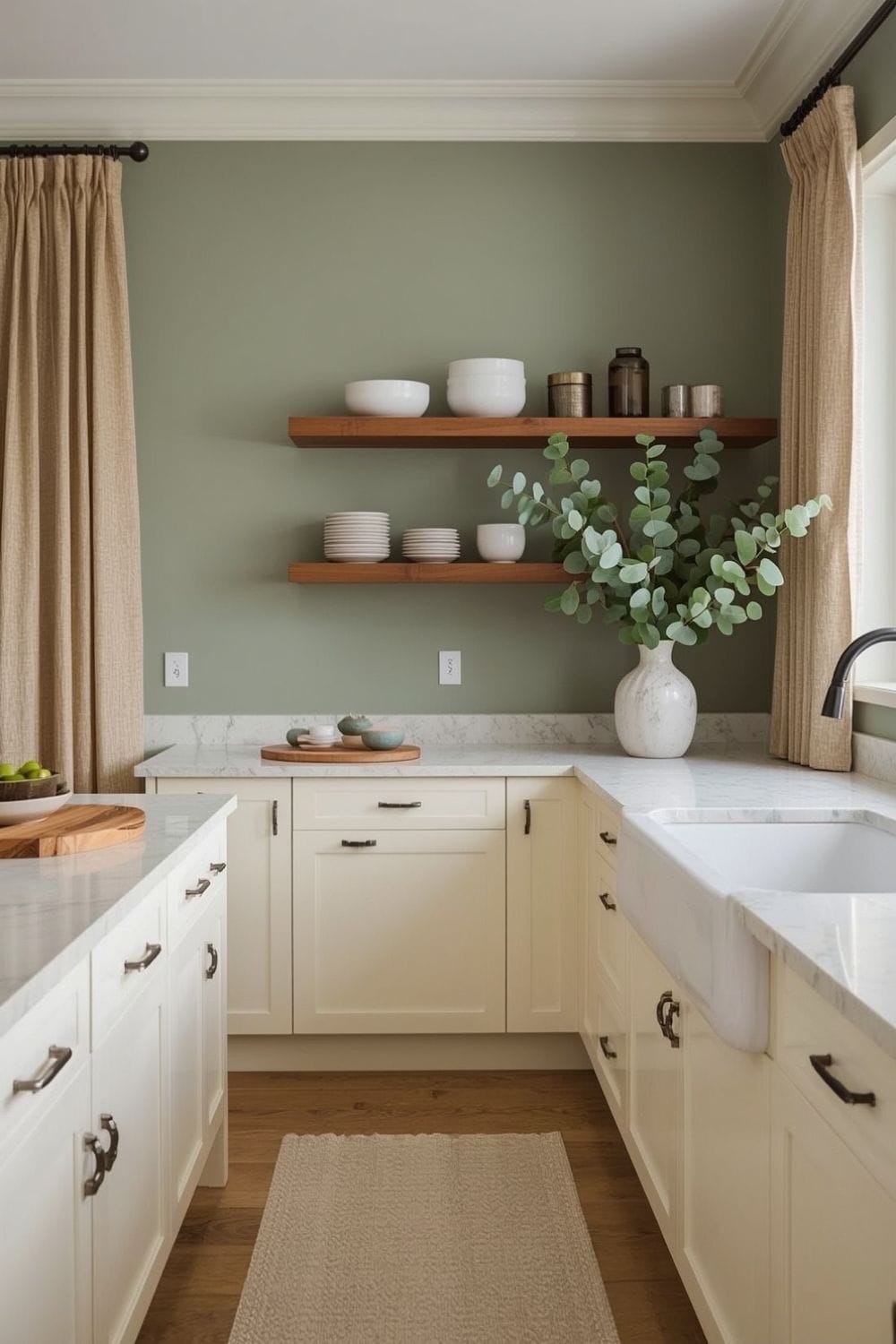 Sage Green Kitchen Walls with Cream Cabinets