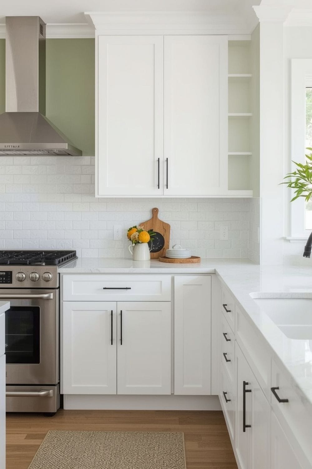 sage green kitchen walls With White cabinets