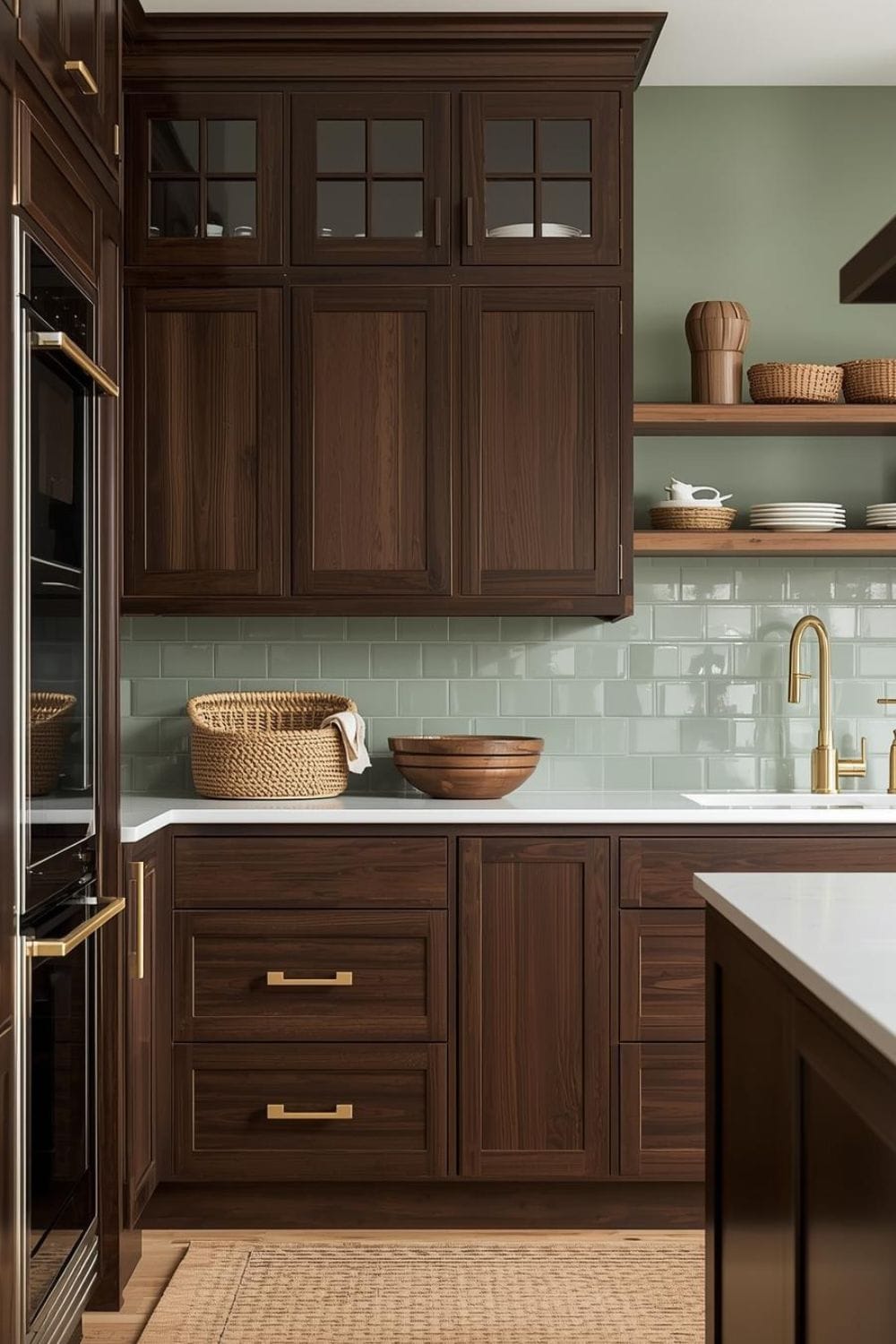 sage green kitchen walls with dark brown cabinets