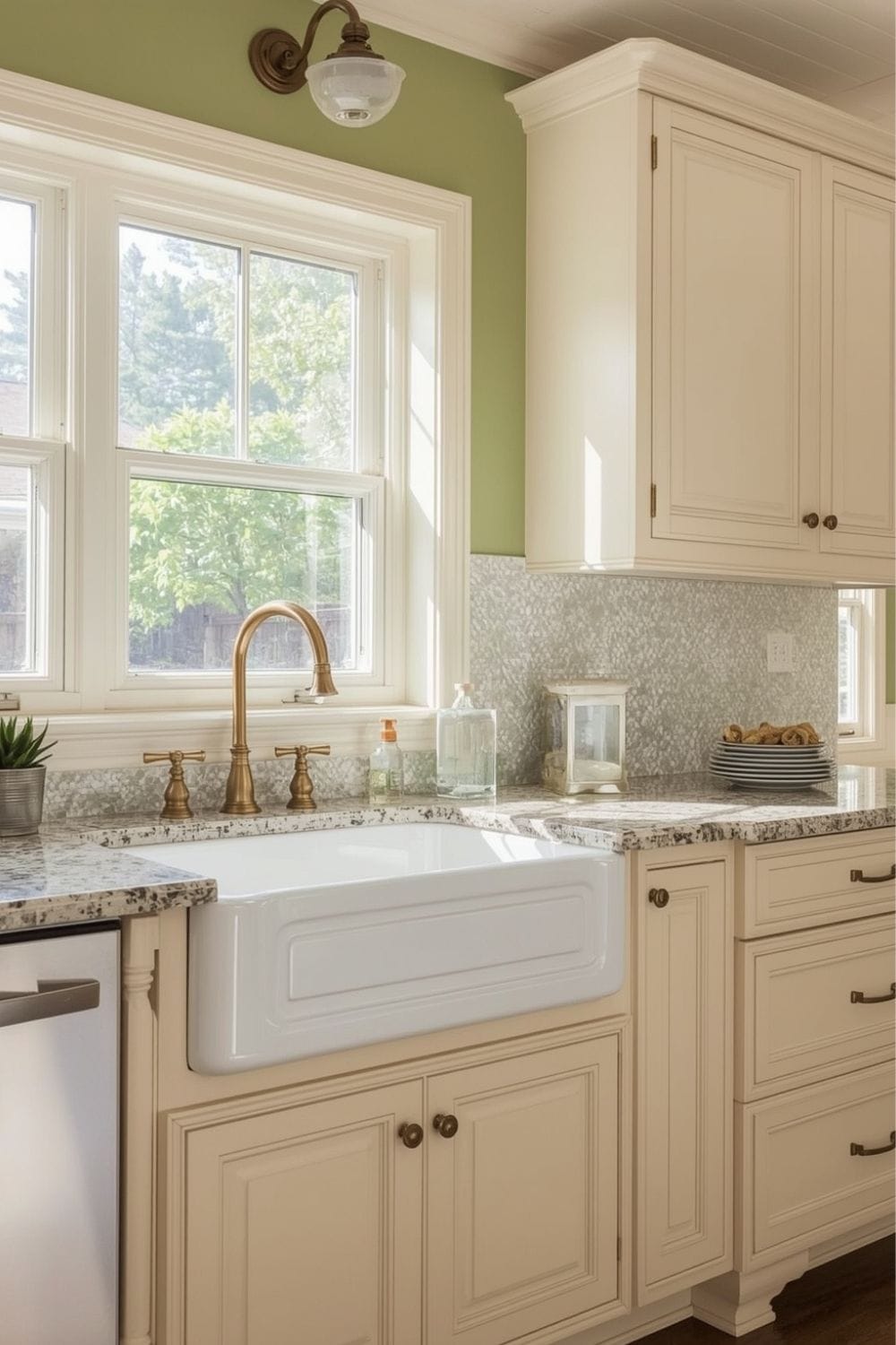 Sage Green Kitchen Walls with Cream Cabinets