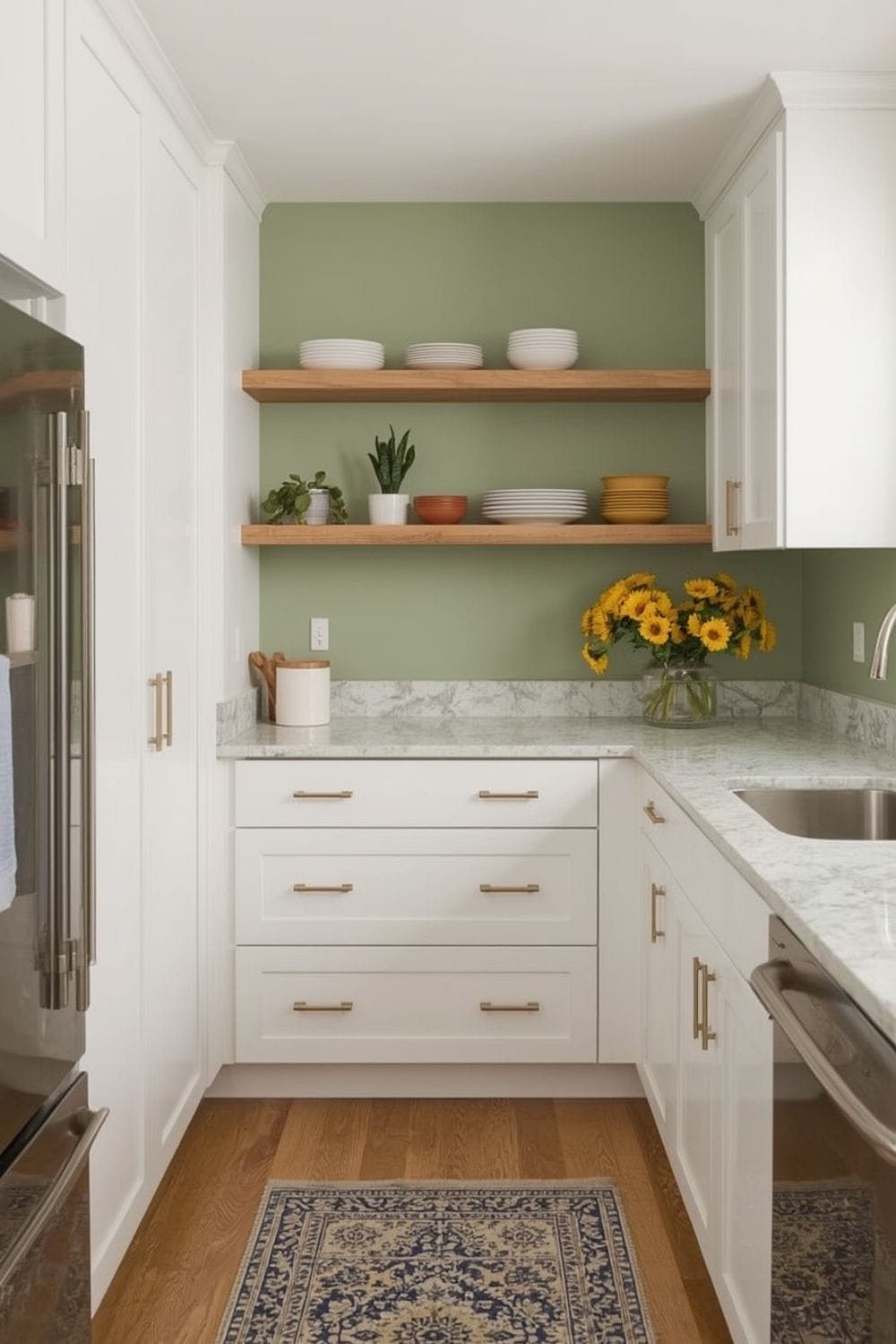 light sage green kitchen walls With White cabinets