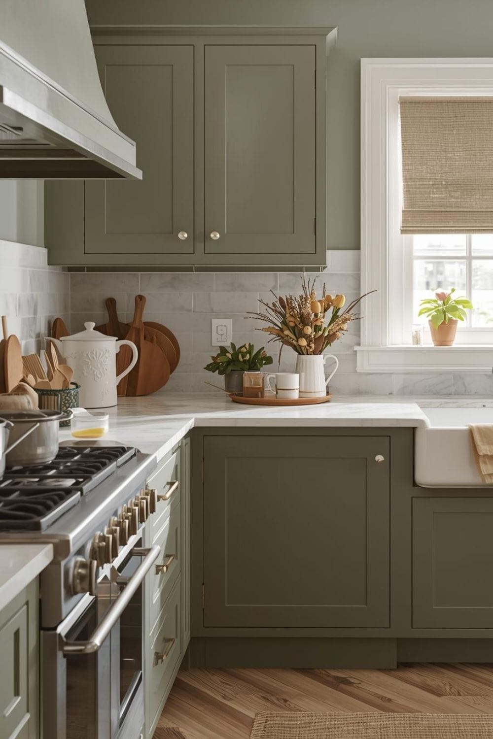sage green kitchen walls with dark brown cabinets