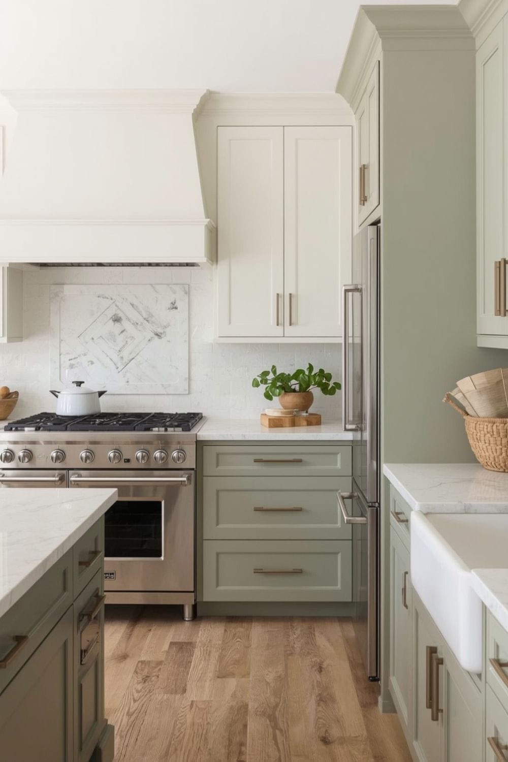 light sage green kitchen walls With White cabinets