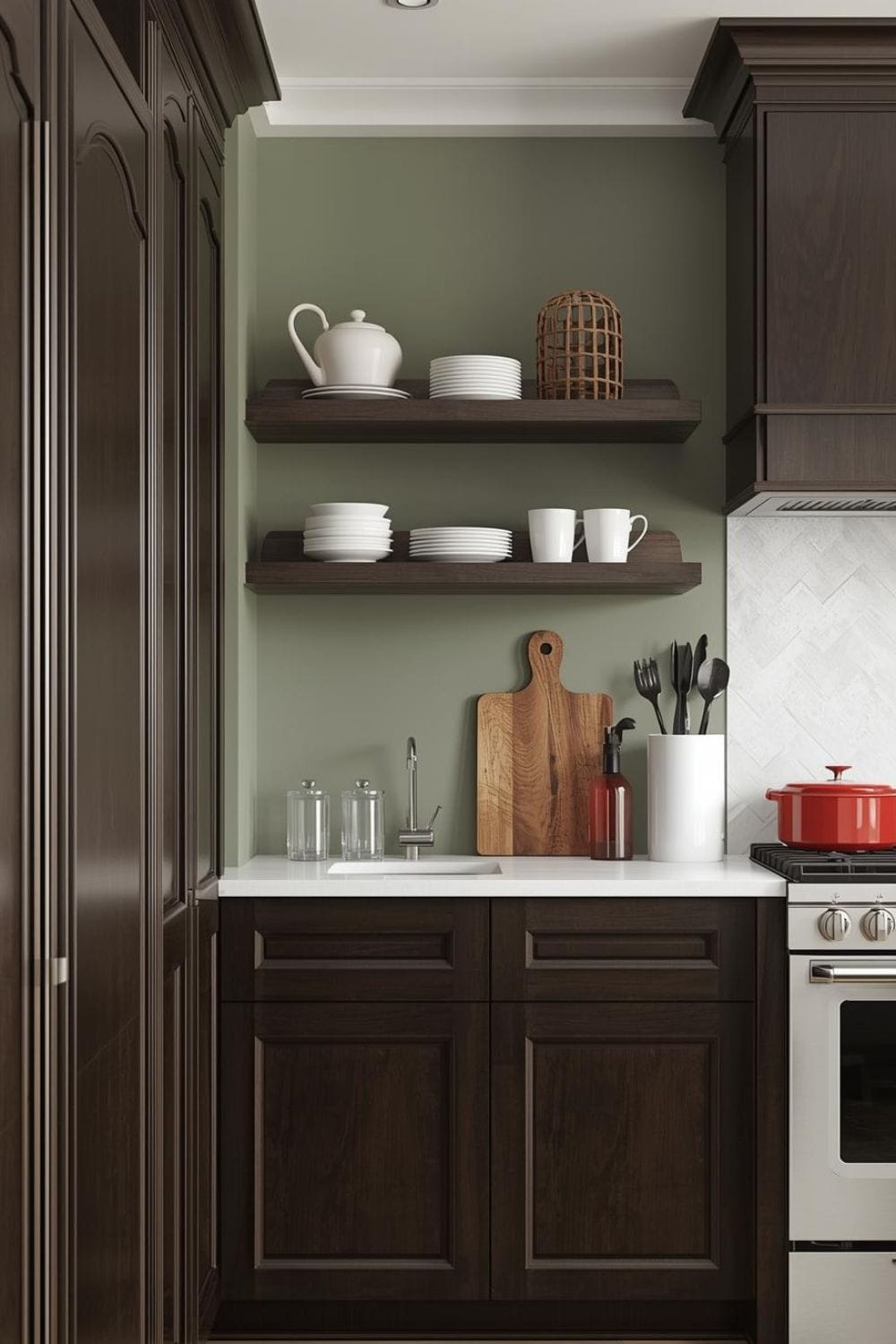 light sage green kitchen walls with brown cabinets