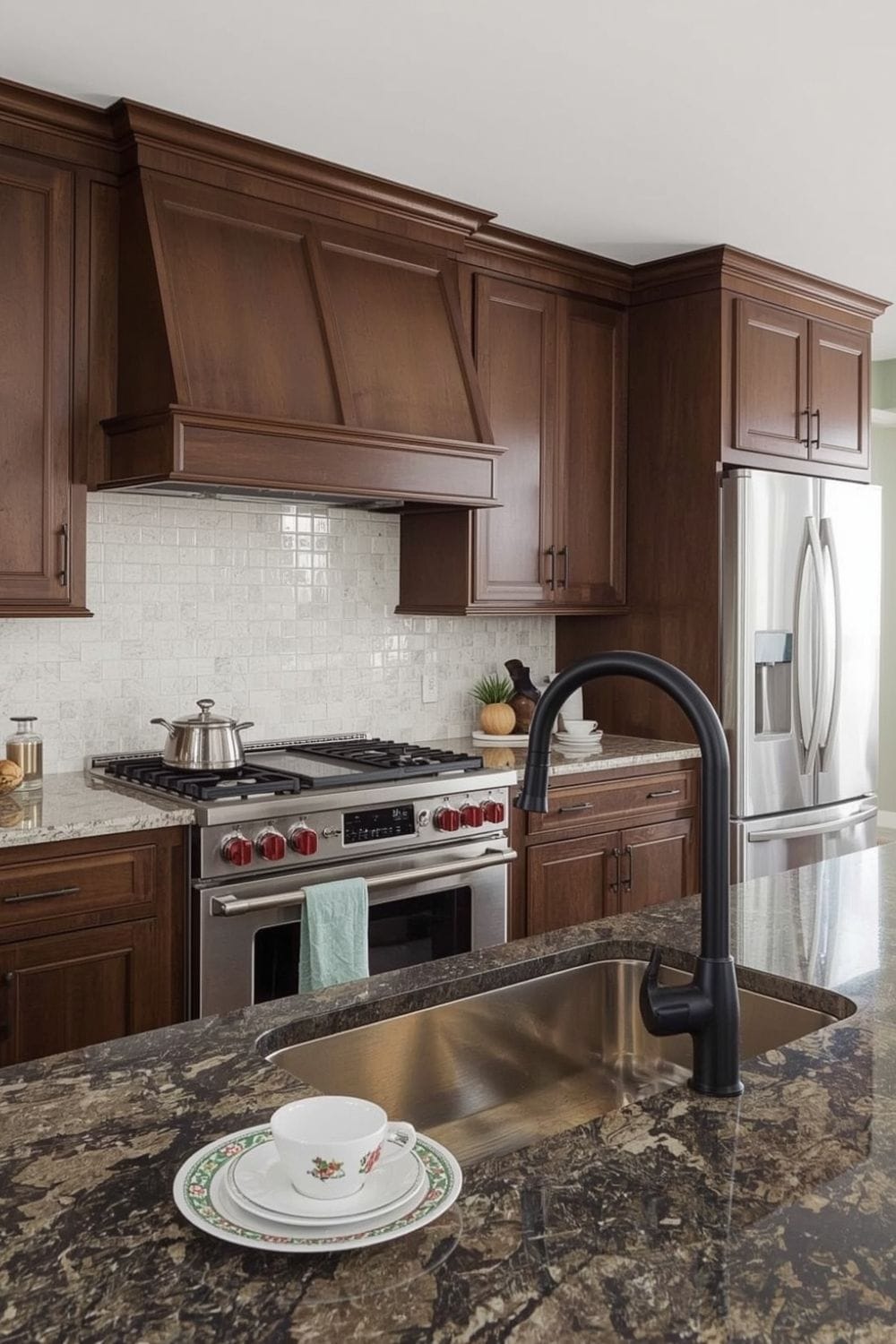 light sage green kitchen walls with brown cabinets