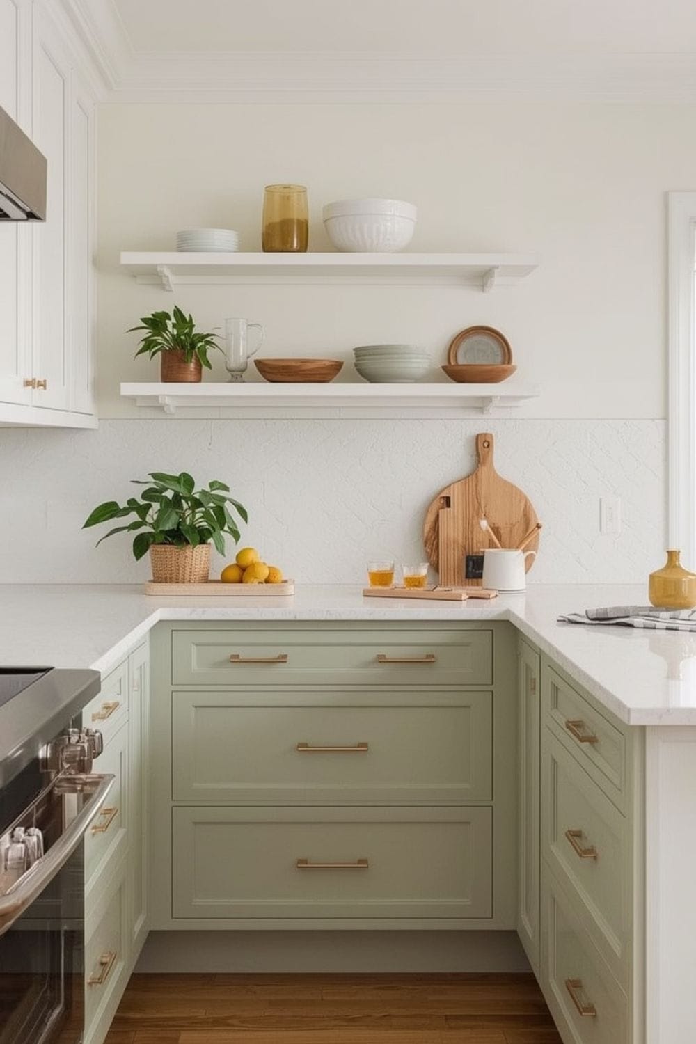 modern sage green kitchen walls With White cabinets