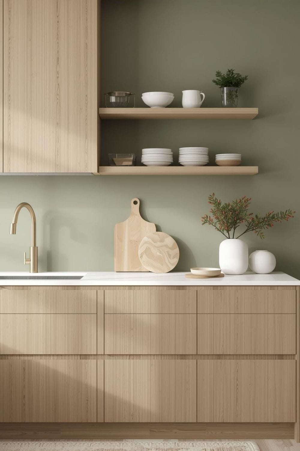 sage green kitchen walls with oak cabinets