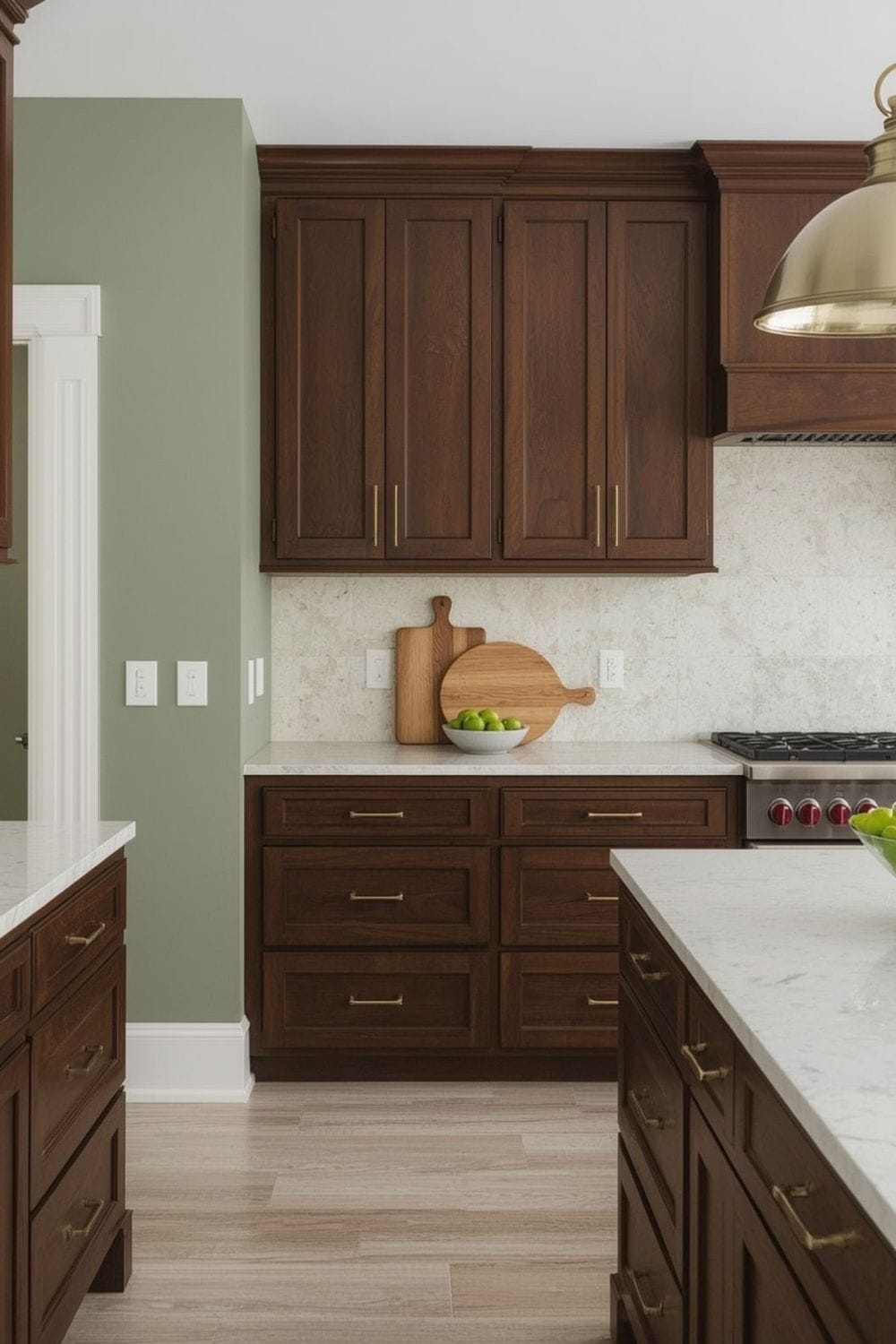 sage green kitchen walls with brown cabinets