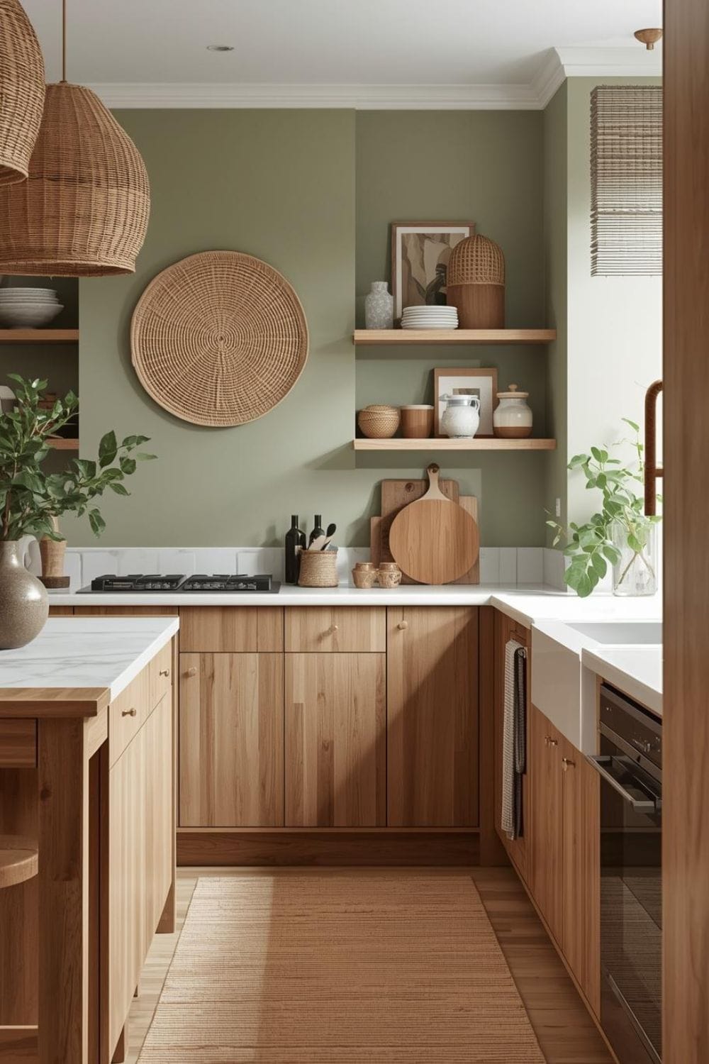 sage green kitchen walls with oak cabinets