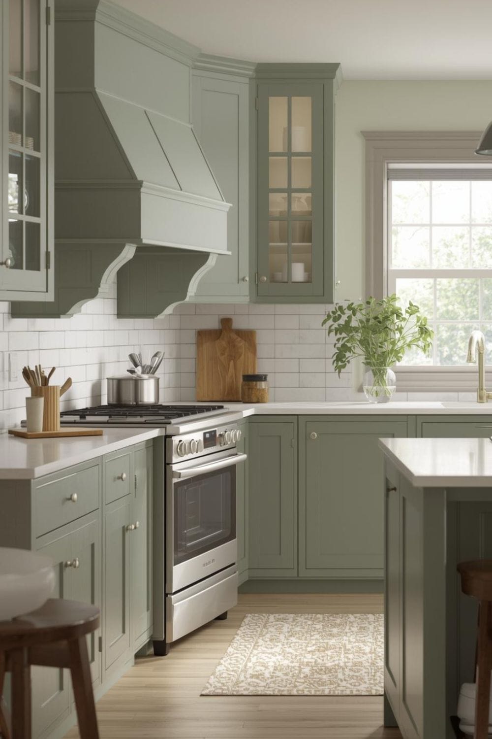 sage green kitchen walls with dark wood cabinets