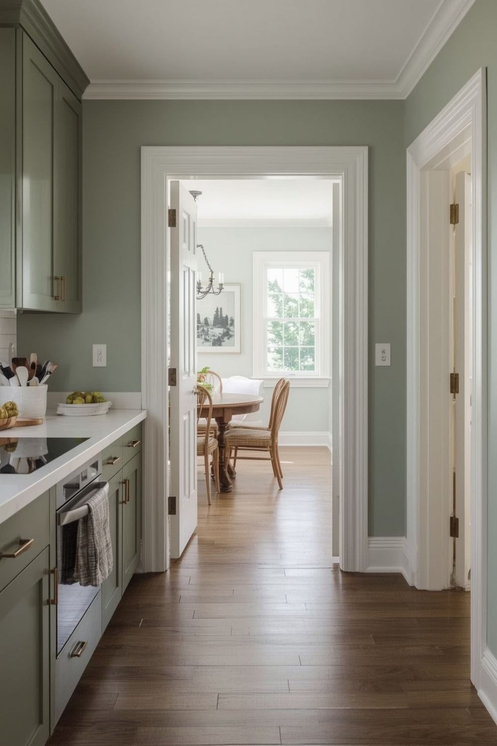 sage green kitchen walls with brown cabinets