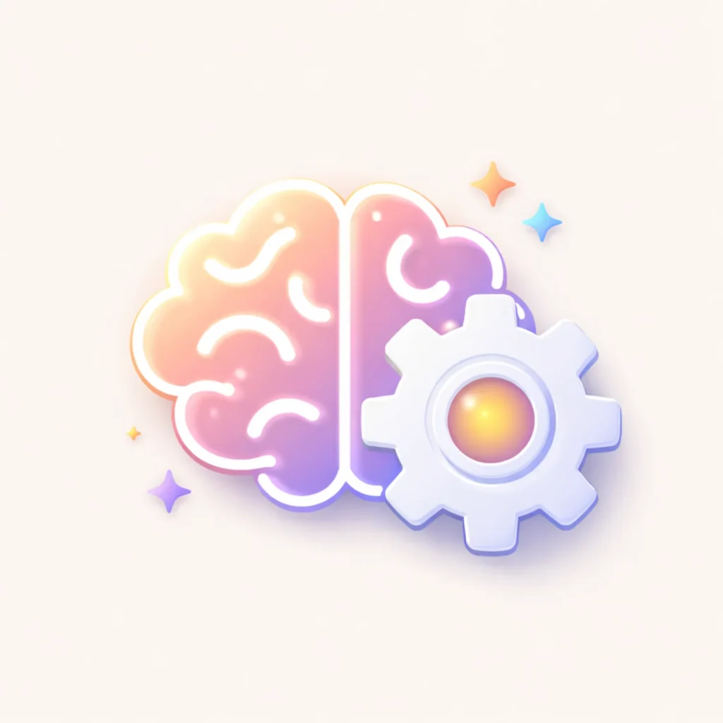 Minimalist 3D icon of a glowing brain and gear (for Skills),