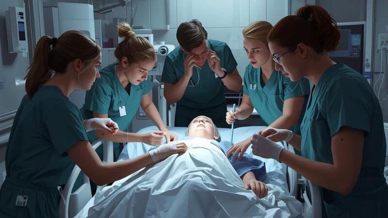 Students practicing clinical tasks in a healthcare simulation lab.