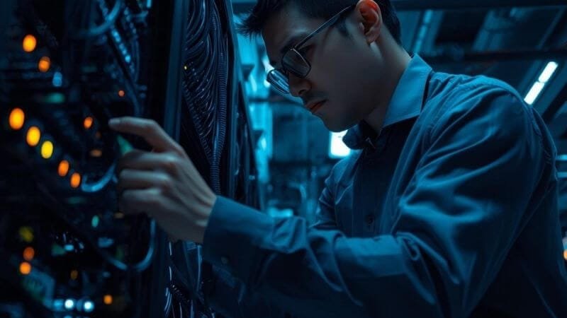 A professional technician working on network infrastructure in a corporate office.