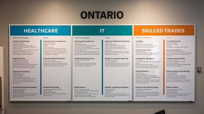 A hiring board in an Ontario employment center showing healthcare, IT, and skilled trade openings.