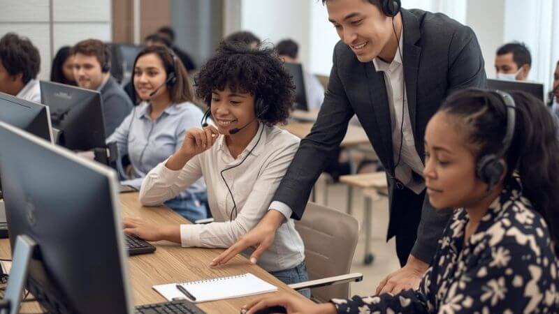 A mixed classroom of adults practicing customer service role-plays and computer tasks.