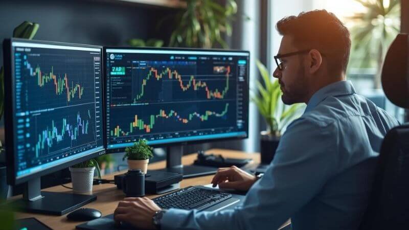 A professional working remotely on multiple screens with financial charts and technical dashboards.A professional working remotely on multiple screens with financial charts and technical dashboards.