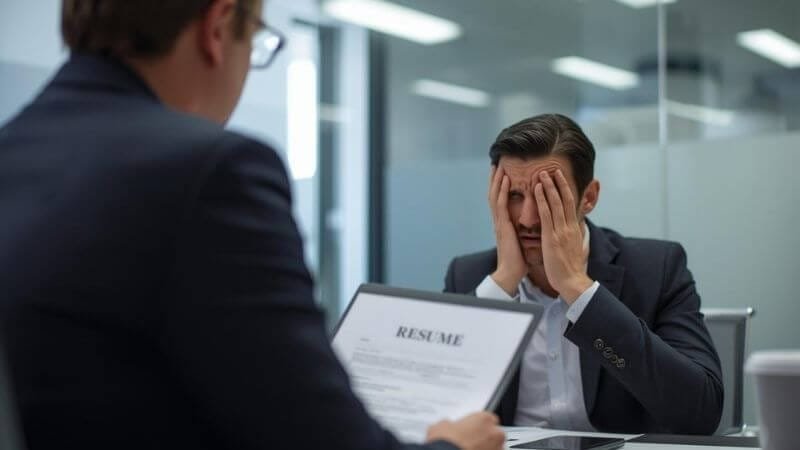 An interview room with a hiring manager reviewing a resume.