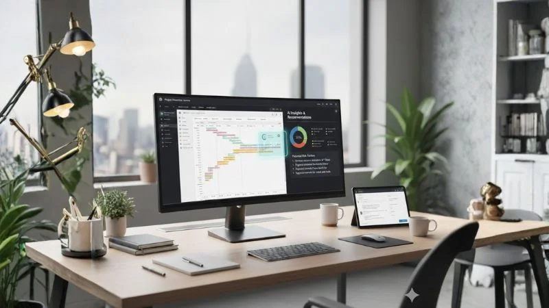 Professional workspace with planning tools and AI insights on screen. Professional workspace with planning tools and AI insights on screen.